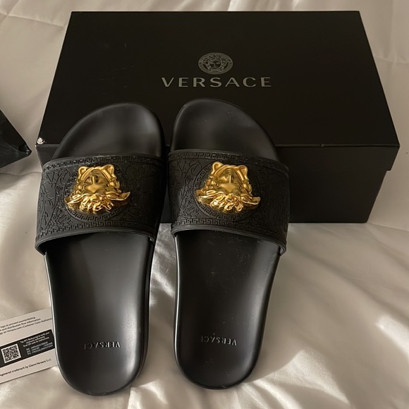 VERSACE SANDALS WITH GOLD MEDUSA AND BLACK WITH BOX, ID, TAGS, AND BAG - Picture 8 of 14